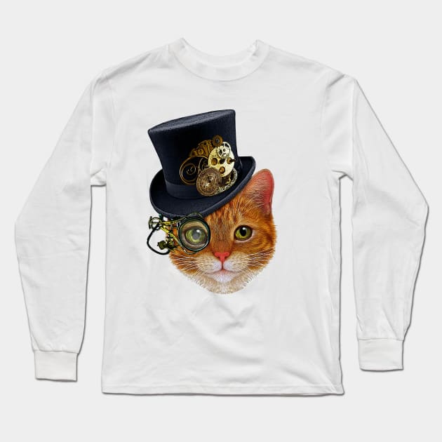 Orange Cat with Steampunk Hat and Monocle Long Sleeve T-Shirt by SirLeeTees